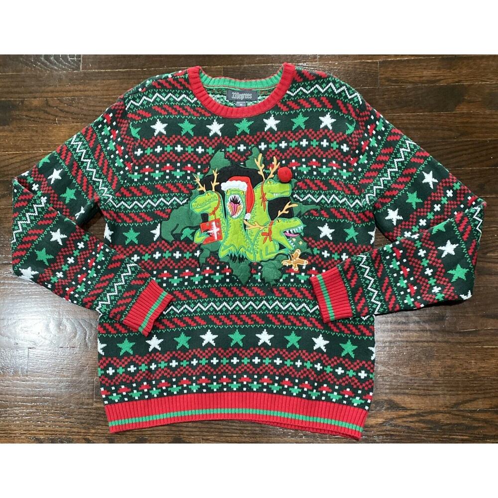 33 Degress T-Rex Dinosaurs Ugly Christmas Sweater Unisex Size Medium Fair Ilse